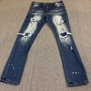 M.Society Mens Jeans 34x30 Skinny Distressed Grunge Paint Splatter Destroyed